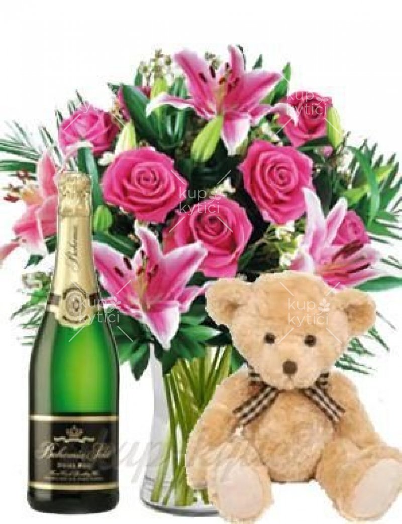 Gift set of Andrea bouquet, teddy bear and sparkling wine